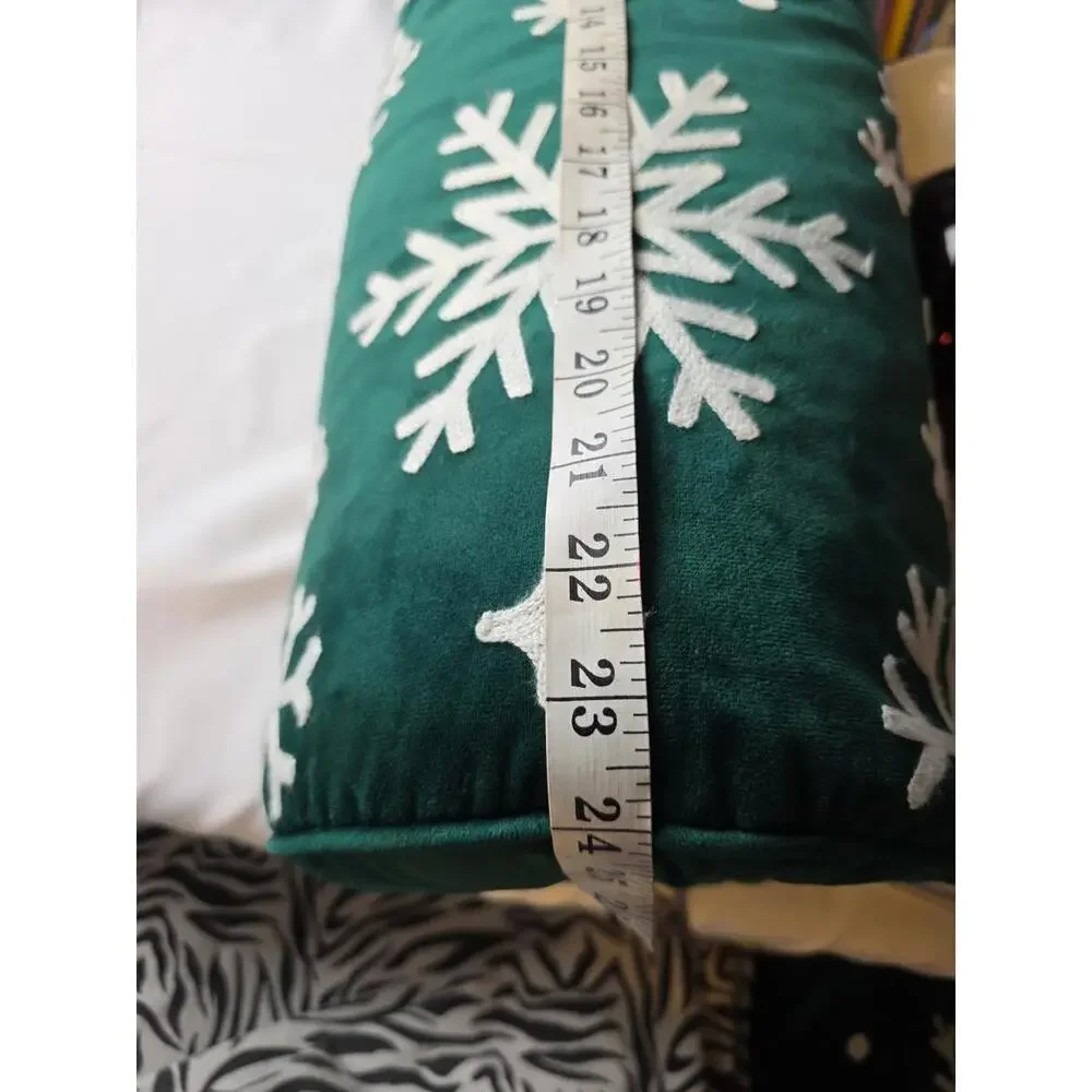 Christmas Winter Bolster Pillow Green Velvety W/Snow Flakes 24
